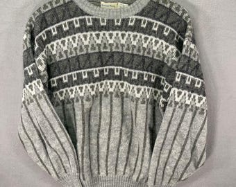 Vintage Boundary Waters Sweater Mens Medium Gray Patterned Acrylic Wool Blend
