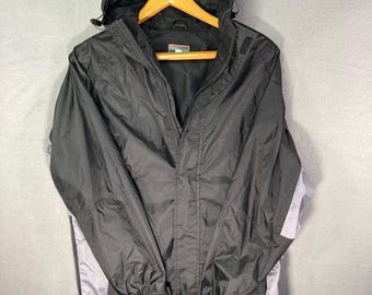 Vintage 80er Jahre Regenjacke Herren M Schwarz Grau Leichte Kapuze Outdoor