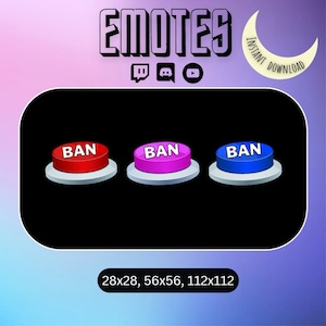 Może przedstawiać: Trzy okrągłe przyciski z napisem "BAN" w białym kolorze na każdym przycisku. Przyciski są czerwone, różowe i niebieskie. Przyciski znajdują się na czarnym tle. Tekst "28x28, 56x56, 112x112" znajduje się pod przyciskami.