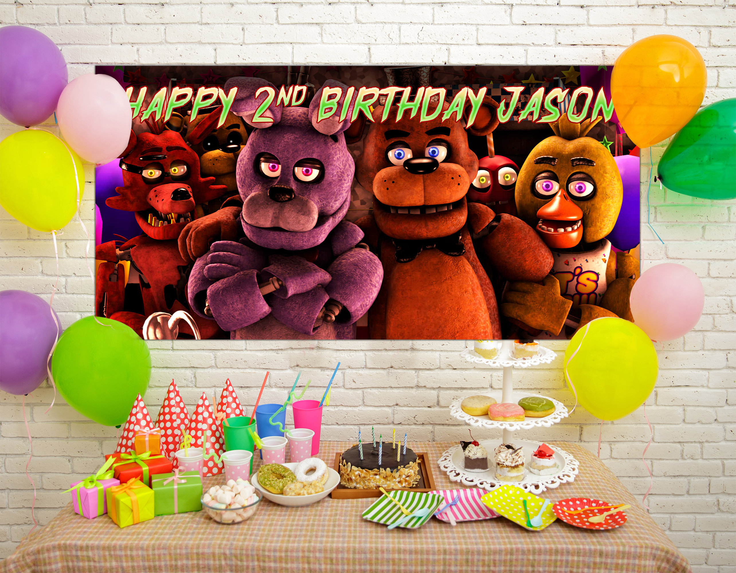 Five Nights at Freddy Party Supplies, Birthday Banner, Hanging Swirls, Cake Topper, Cupcake Toppers, Balloons, Backdrop, Five Nights at Freddy Party