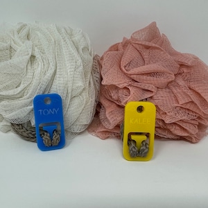SET OF 2 - Personalized Acrylic Loofah/Sponge Tags, Laser-Etched Label, 1 inch x 2 inch