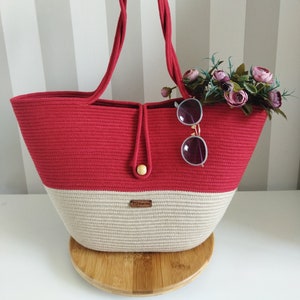 Red bag, rope bag, Beach bag , shoulder bag, handmade