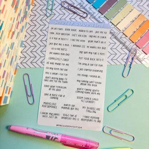 May include: A white card with black text on it. The card has a title that says "Smutty Good Time" and lists a series of humorous phrases. The phrases are written in a casual, handwritten style.