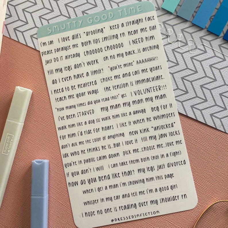 May include: A white card with black text on it. The text reads "SMUTTY GOOD TIME" and includes a list of phrases about love, relationships, and dating. The phrases are written in a playful and humorous tone.