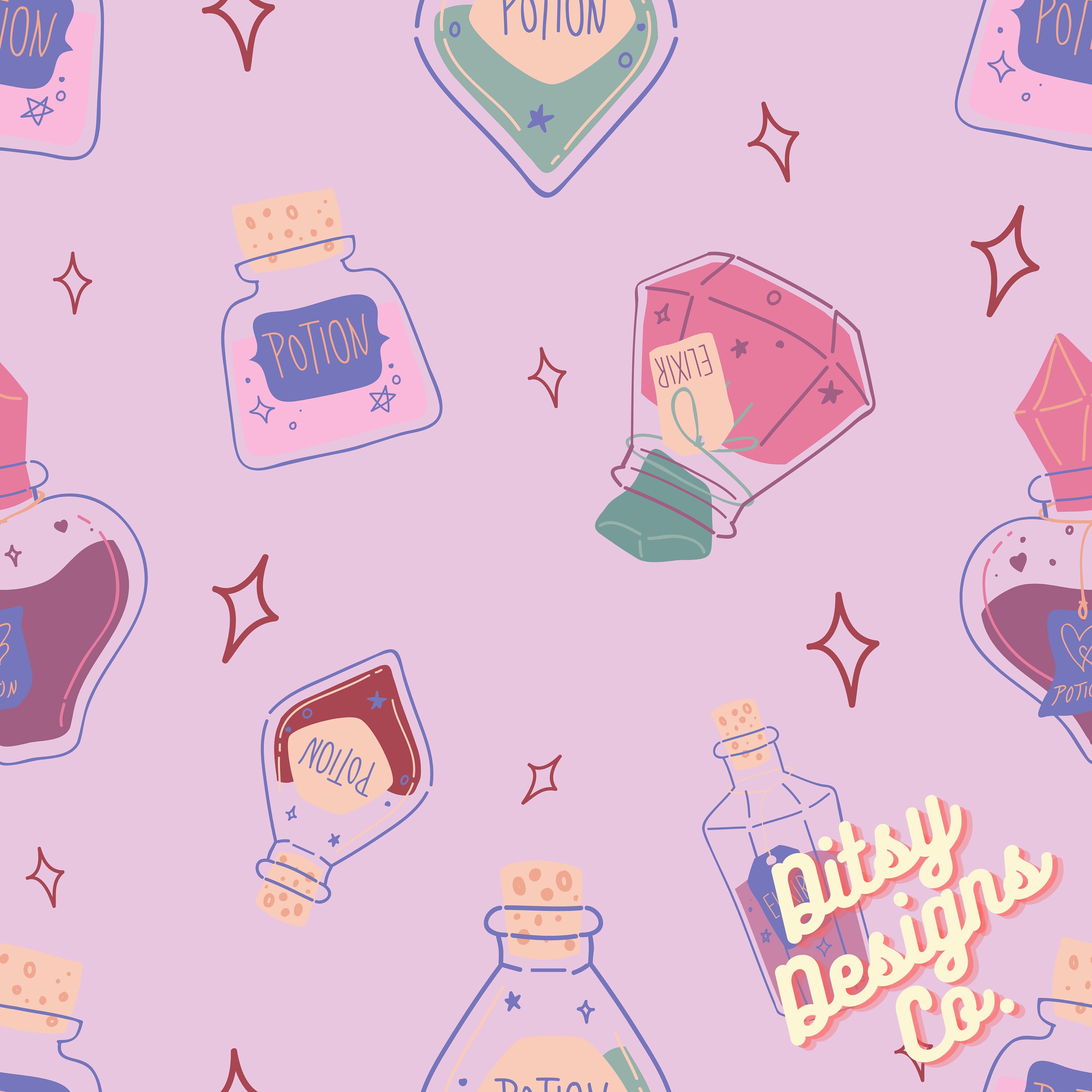 Love Potion #9 Seamless Design, Girly Potion Pattern, Digital Seamless Design, Fabric Design, Seamless File, Girly Fabric, Halloween Pattern