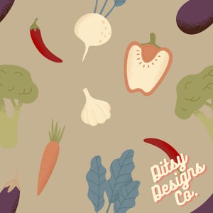 May include: A digital illustration of various vegetables and herbs, including a red pepper, a red chili pepper, a turnip, a garlic clove, a carrot, broccoli, and eggplant. The background is a light brown color. The text "Ditsy Designs Co." is in the lower right corner of the image.