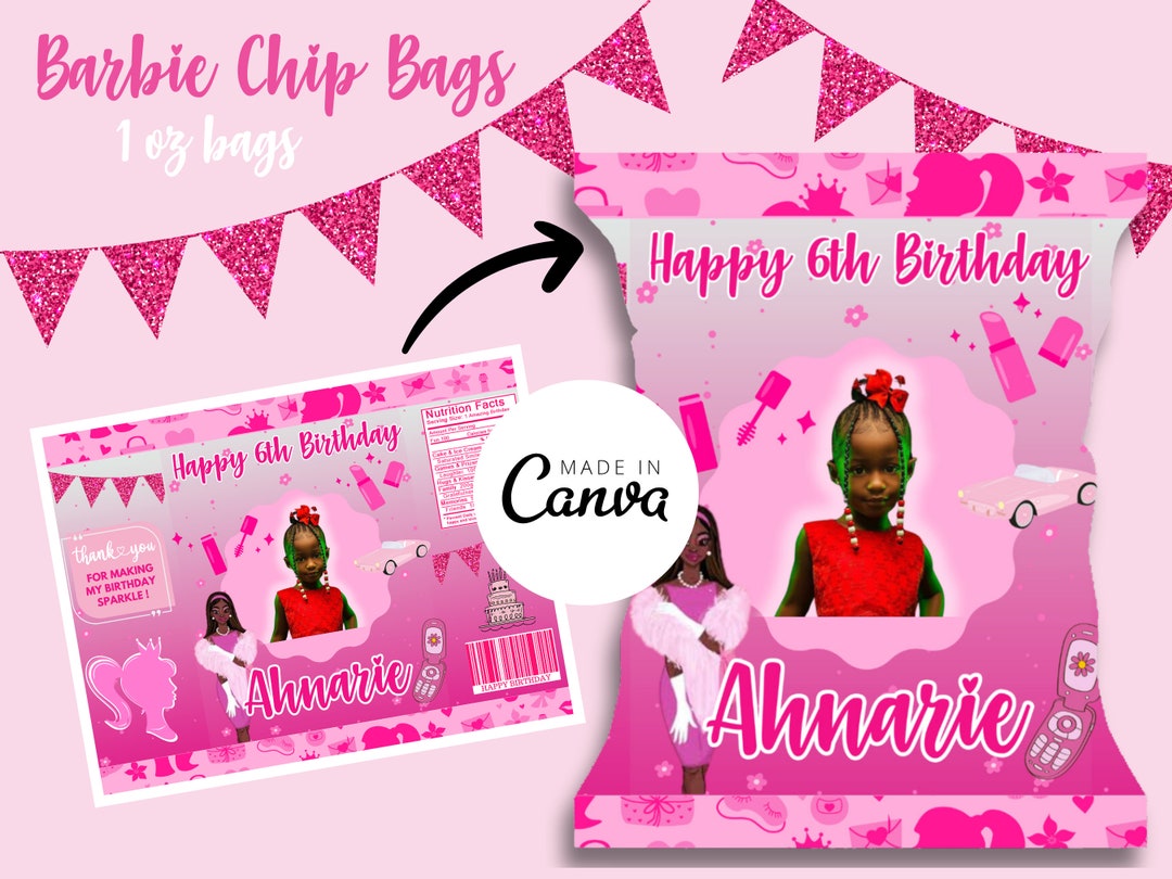 Barbie Editable Chip Bag Party Favor, Canva Template, Pink Party ...