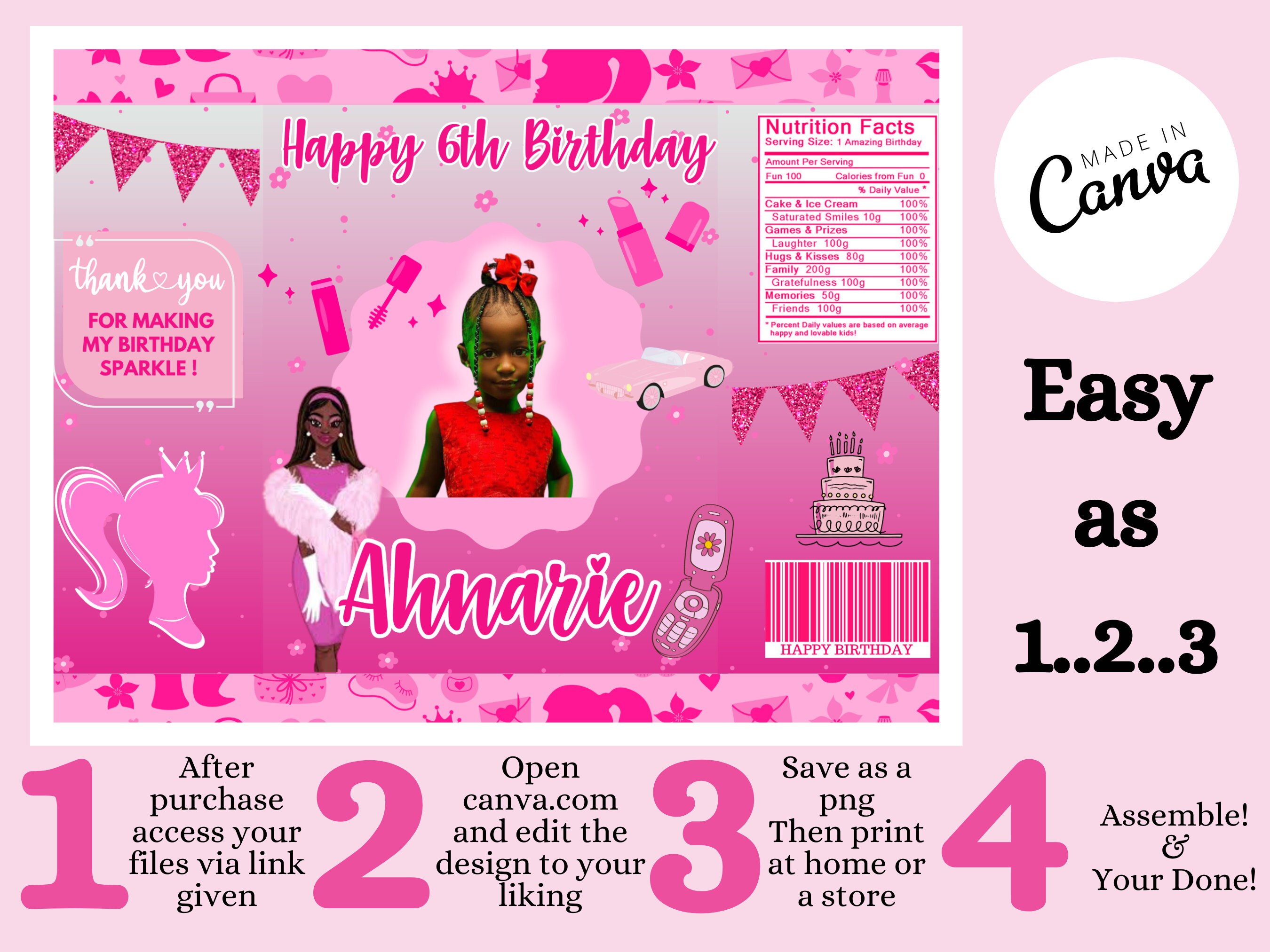 Barbie Editable Chip Bag Party Favor, Canva Template, Pink Party ...