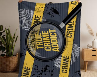 True Crime Addict Blanket – Crime Scene Tape & Magnifying Glass Throw, Minky or Sherpa