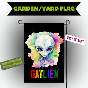 May include: A black garden flag with a vibrant alien illustration and the word "GAYLIEN" in rainbow hues. The flag measures 30.48 cm x 45.72 cm and is printed on both sides. The alien has large eyes and a colorful watercolor background.