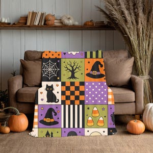 Häxig Halloween-lapptäcke | Svart katt-godispläd | Retro läskig schackrutig höstdekoration