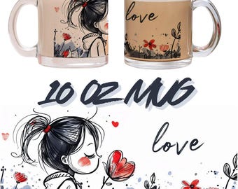 Love Glasbecher - Klare Kaffeetasse mit 323 ml Fassungsvermögen • Süße romantische Kunsttasse • Süßes Geschenk für Sie • Skizzenmädchen & Herzblumentasse