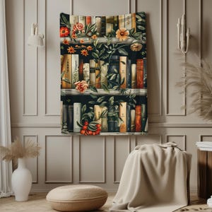 Vintage Floral Bookshelf Blanket – Cozy Botanical Book Throw – Romantic Minky or Sherpa Blanket for Bookworms