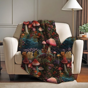 Halloween Blanket Colorful Embroidered Appearing Cottagecore Mushroom Velveteen Plush Blanket
