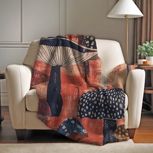 Cozy Cottagecore Red and Blue Mushroom Velveteen Plush Blanket