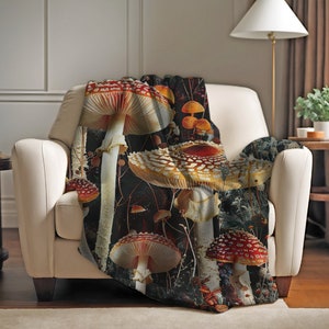 Halloween Blanket Cottagecore Dark & Orange Large Mushroom Velveteen Plush Blanket