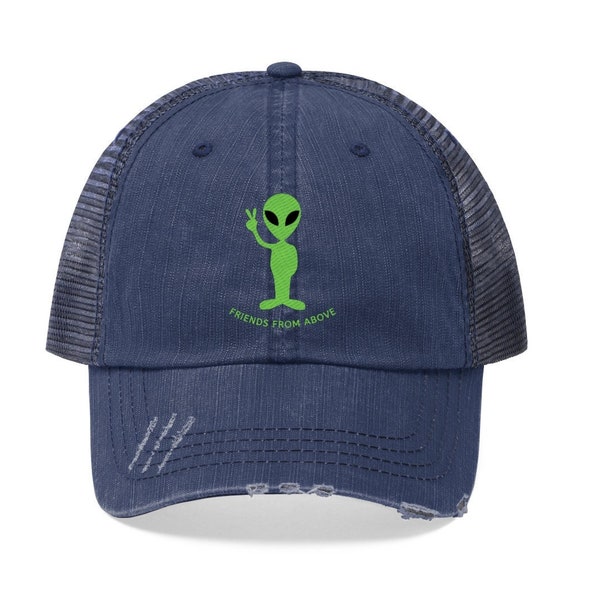 Friends From Above Unisex Trucker Hat, Green Alien Distressed Trucker Hat, Extraterrestrial Hat for Him, UFO Dad Hat, Funny Gift for Dad