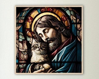Jesus and Cat on Stained Glass, Wall Art, Wall Decor, Cat Gifts, Christian Wall Art, Catholic Gift, Living Room Decor, Catholic Home, AI Art