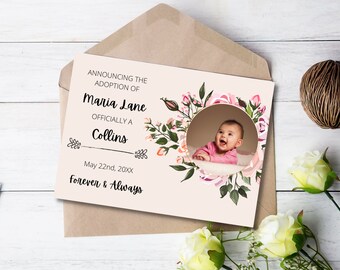Adoptionsmeddelande med rosa blommig flicka
