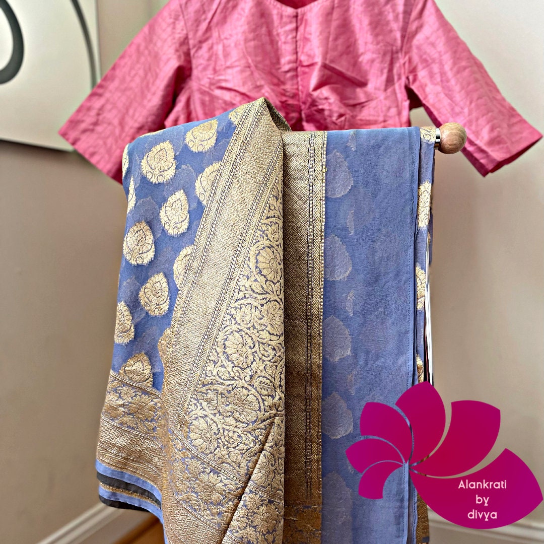 Coral Pink Embellished Georgette Saree with Banarasi Brocade Woven Border