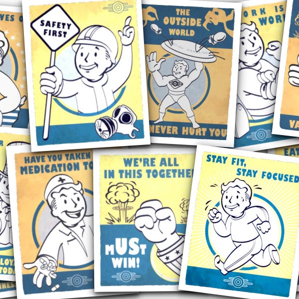 Ensemble d'affiches Fallout Vault Boy Vault-Tec - 12 affiches numériques haute résolution de la série de jeux vidéo - 10 x 12 pouces à 300 dpi - imprimable