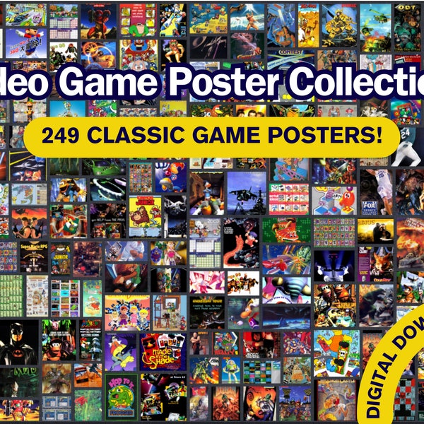 Colección de carteles de videojuegos retro. 249 carteles de juegos clásicos, la mayoría a 300 ppp. Arte de pared de videojuegos vintage de alta calidad. Descarga digital