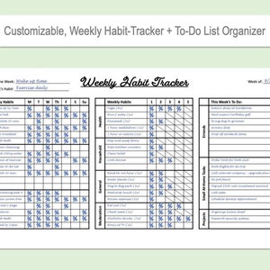 May include: A printable weekly habit tracker and to-do list organizer. The sheet is divided into three sections: morning routine, daily to-do, and evening routine. Each section has a list of habits to track, with checkboxes for each day of the week. The third section is for weekly habits, with checkboxes for each day of the week. The fourth section is for errands, tasks, small at-home tasks, and projects, with checkboxes for each item. The sheet also includes a section for this week's to-do list, with checkboxes for each item.
