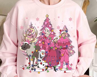 Disney Frozen Characters Group Pink Christmas Tree Light T-shirt, Elsa Anna Olaf Kristoff Xmas Matching Tee, Disneyland Family Vacation Gift
