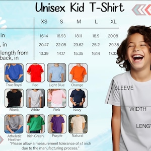 The image is a collage of various children's t-shirt designs, including different colors and styles, along with measurements and descriptions for each design.