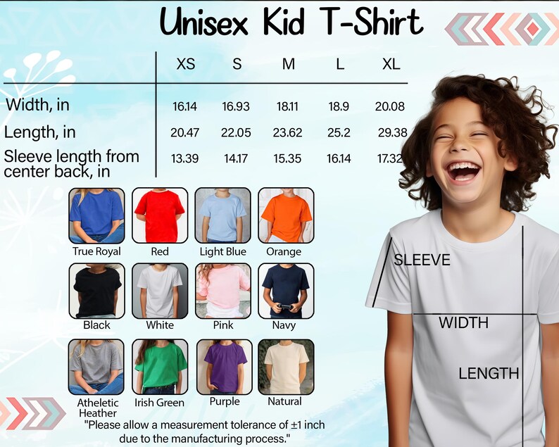 The image is a collage of various children's t-shirt designs, including different colors and styles, along with measurements and descriptions for each design.