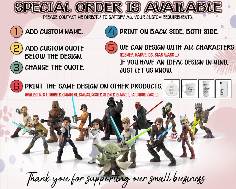 Puede incluir: Imagen que promociona servicios de dise&ntilde;o personalizado. El texto dice "PEDIDO ESPECIAL DISPONIBLE" y detalla opciones como agregar nombres personalizados, citas e imprimir en varios productos. Presenta figuras de personajes de Star Wars.