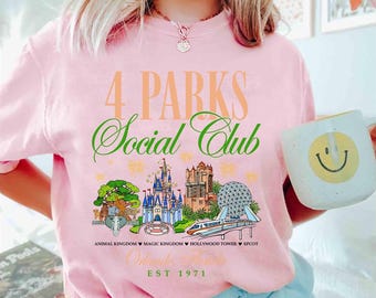 Camiseta del Club Social de Disney 4 Parques, camiseta del Epcot World Tour, viaje a Disneyworld Traveler, camiseta de Magic Kingdom, camiseta familiar de Hollywood Studios