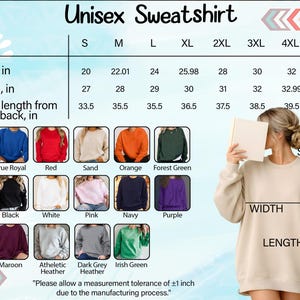 The image is a collage of various colored sweatshirts, including a woman holding a white sweatshirt, and a table with measurements and descriptions of the sweatshirts.