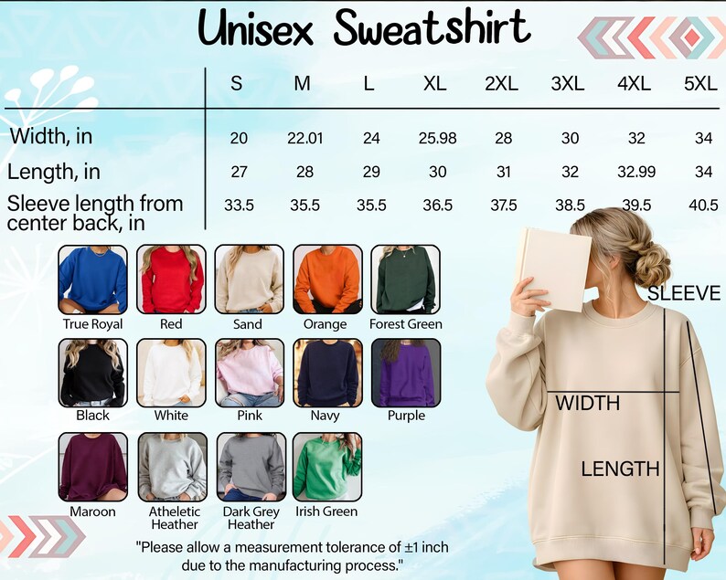 The image is a collage of various colored sweatshirts, including a woman holding a white sweatshirt, and a table with measurements and descriptions of the sweatshirts.