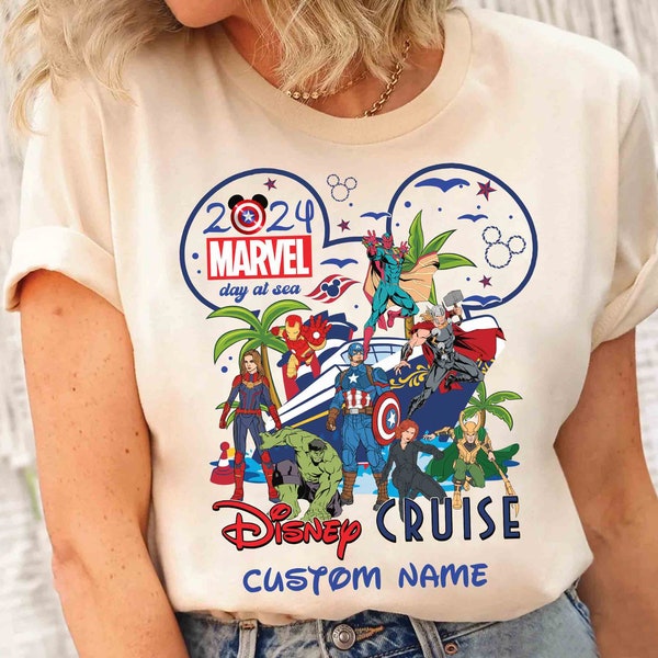 Personalized Disney Cruise Line Marvel Day At Sea 2024 T-shirt, Custom Name Thor Iron Man Hulk Cruise Trip Tee, Disney Family Vacation Gift