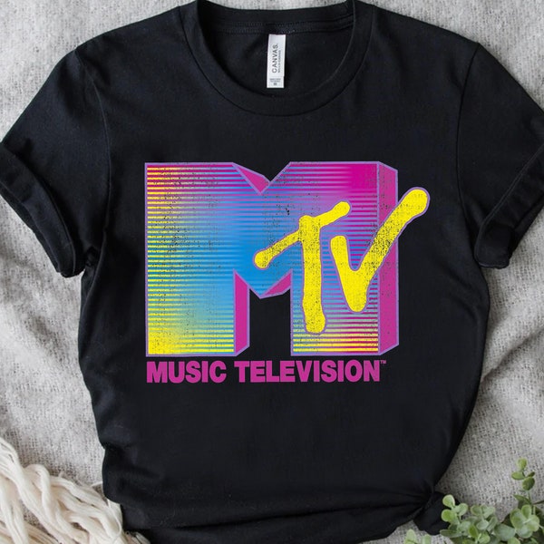 MTV camisa con logotipo degradado fluorescente desgastado, camiseta unisex de los años 80 y 90, regalo de cumpleaños familiar, camiseta para niños adultos y niños pequeños