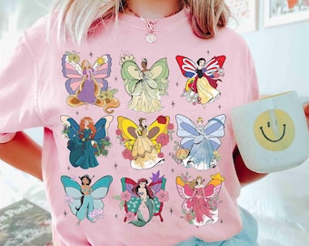 Camiseta de grupo de mariposas de princesas Disney Coquette, camiseta de Disney Aurora, Ariel, Bella, Cenicienta, Tiana, viaje de chicas a Magic Kingdom Disneyland 2026