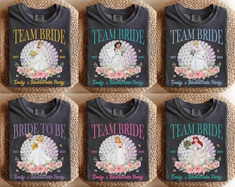 Customize Disney Princess Bachelorette Party Epcot T-Shirt, Tiana Ariel Elsa Bride Squad Tee, Disney Bridesmaid 2026 Tee, Disneyland Trip