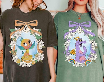 Watercolor Coquette Bow Disney Figment Dragon and Orange Bird T-shirt, Disney Epcot Travel Around The World Tee, WDW Family Matching Shirt