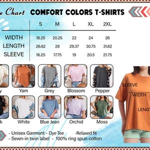 May include: Size chart for Comfort Colors T-shirts, showing measurements for width, length, and sleeve in inches. Includes color swatches for Ivory, Yam, Grey, Blossom, Pepper, Black, White, Blue Jean, Orchid, and Moss.