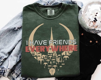 スター・ウォーズ「I Have Friends Everywhere」シャツ、アンドーをイメージしたTシャツ、ミニマリストTシャツ、キャシアン・アンドー、モン・モスマ・ビックス・カリーンTシャツ、ギャラクシーズ・エッジ・トリップ
