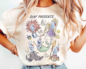 Disney Olaf presenterar klassisk kostym prinsessskisser retroskjorta, WDW Magic Kingdom Disneyland familj 2026 semester julklapp