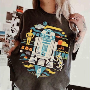 Star Wars Droids R2-D2 C-3PO Stormtrooper Circle Collage Retro T-shirt, Darth Vader Tee, Galaxy&#39;s Edge Family Holiday Vacation 2025 Trip