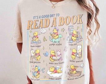 Retro Winnie the Pooh Reading Comfort Colors® Shirt, A Good Day To Read A Book Tee, Book Lover Teacher, Librarian Gift Tee, Bookshelf Tee