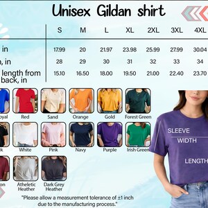 The image is a collage of various t-shirt designs, including different colors and styles, along with a woman wearing a purple t-shirt. The image also includes a table with size and sleeve length information for the different t-shirt designs.