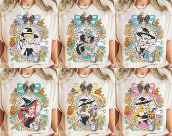 Coquette Bows Disney Princess Halloween Shirt, Disney Ariel Tiana Cinderella Belle Halloween Tee, Disneyworld Girls Trip, Halloween Shirt