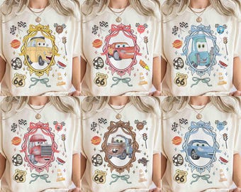 Watercolor Coquette Disney Cars shirt, Lightning McQueen Mater Doc Hudson Sally Carrera Birthday Cars Family Shirt, Disney Girl Trip Shirt