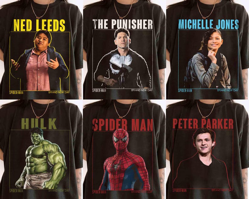 May include: Black t-shirts featuring various characters from the Spider-Man universe. Each shirt displays a different character's name in a colored box, along with an image of the character. The characters include Ned Leeds, The Punisher, Michelle Jones, Hulk, Spider-Man, and Peter Parker.