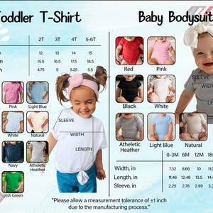 The image is a comparison of a toddler t-shirt and a baby bodysuit, showing the different sizes and styles available for each age group.