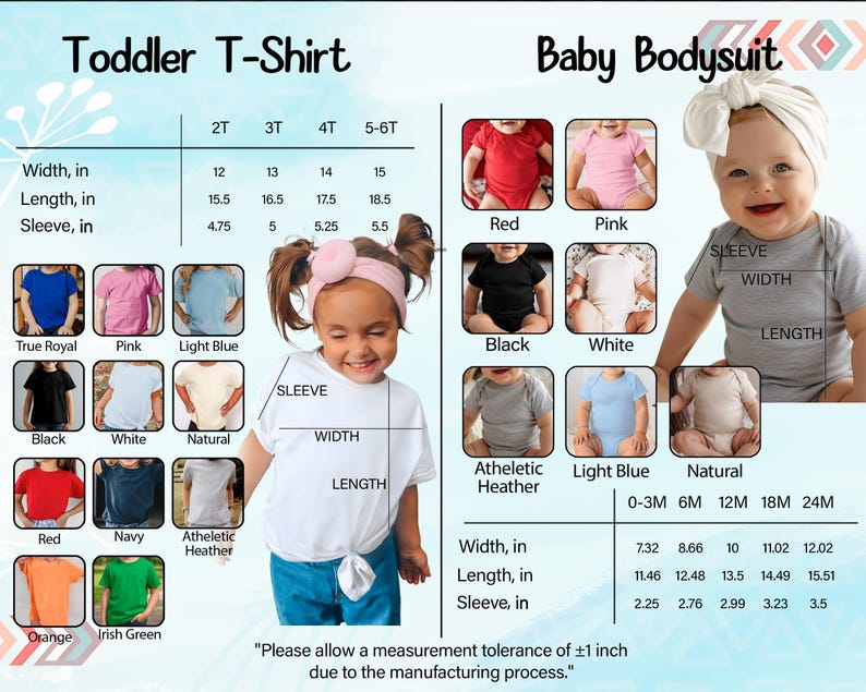 The image is a comparison of a toddler t-shirt and a baby bodysuit, showing the different sizes and styles available for each age group.